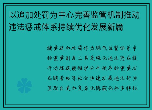 以追加处罚为中心完善监管机制推动违法惩戒体系持续优化发展新篇